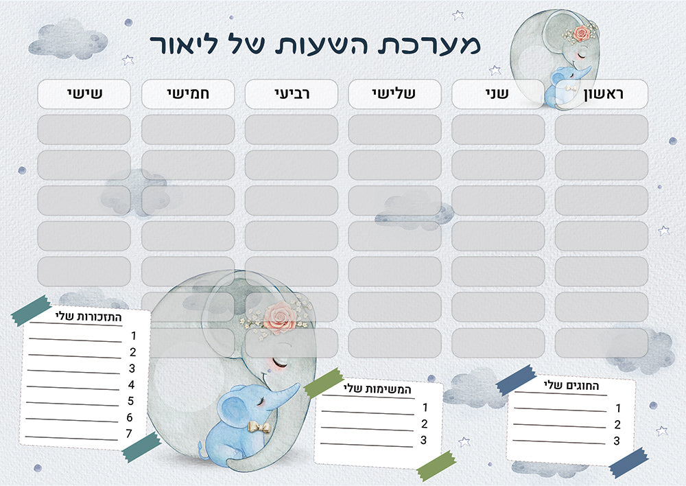 סט מוצרים עם שם הילד/ה בעיצוב פילים כחול