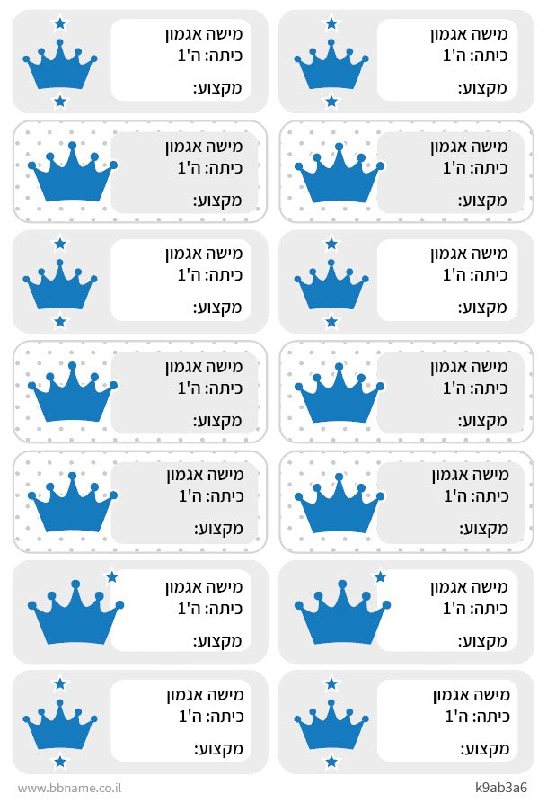 סט 14 מדבקות בית ספר למחברות + הדפסת שם הילד/ה- כתר